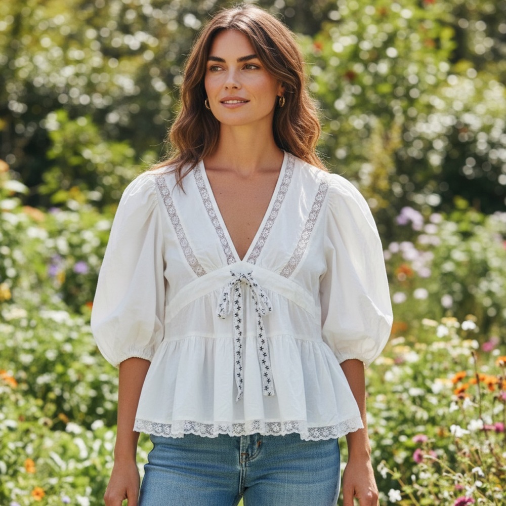 NIBI MTK Lace Ruffle White Blouse Top